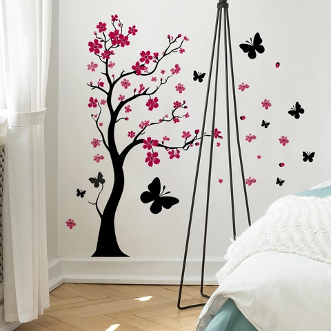 Sticker Mural Amovible en PVC Branche d'Arbre de Fleurs de Prunier Papillon Noir Décalcomanie Murale pour Chambre Salon Décor Fond