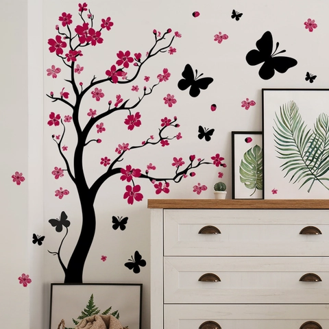 Sticker Mural Amovible en PVC Branche d'Arbre de Fleurs de Prunier Papillon Noir Décalcomanie Murale pour Chambre Salon Décor Fond
