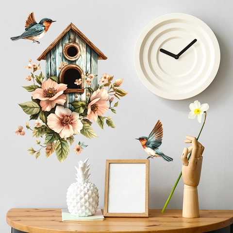 Adesivi Murali Dipinti a Mano Fiori Uccelli Gabbia PVC Decalcomanie Decorative Per Camera da Letto Soggiorno Casa Decorazione