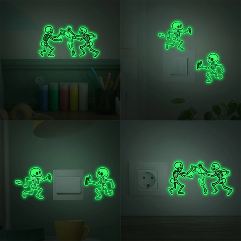 Leuchtende Skelett Wandaufkleber PVC Fluoreszierende Schalter Deko Abnehmbar Wandtattoo Für Halloween Zuhause Schlafzimmer Dekoration