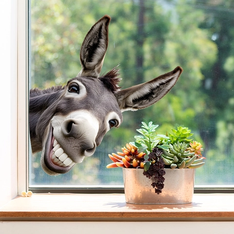 Funny 3D Donkey Head PVC Wall Sticker Peeking Animal Window Decal Humorous Waterproof Home Decor For Bedroom Bathroom