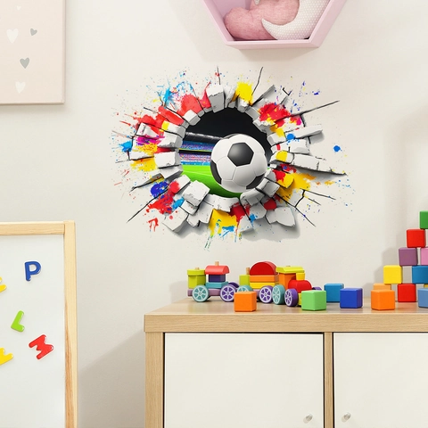 Creative 3D Soccer Break Wall Sticker For Boys Room Living Room Self Adhesive Removable PVC Sports Theme Colorful Mural Art Decor