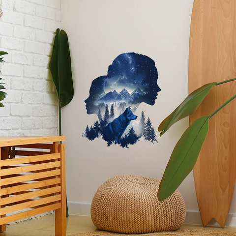 Moderne PVC Wandtattoo Traumhaft Doppelporträt Silhouette Sternenhimmel Berg Wald Wolf Grafik Muster Dekoratives Wandaufkleber Wandbild Abnehmbare Aufkleber Für Schlafzimmer Wohnzimmer Wohnkultur