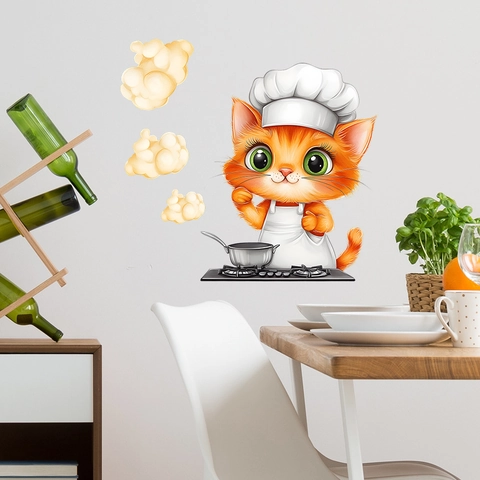 Cartoon Chef Cat Wall Sticker Waterproof PVC Decorative Decal For Kitchen Dining Room Restaurant Backgound Wall Decor