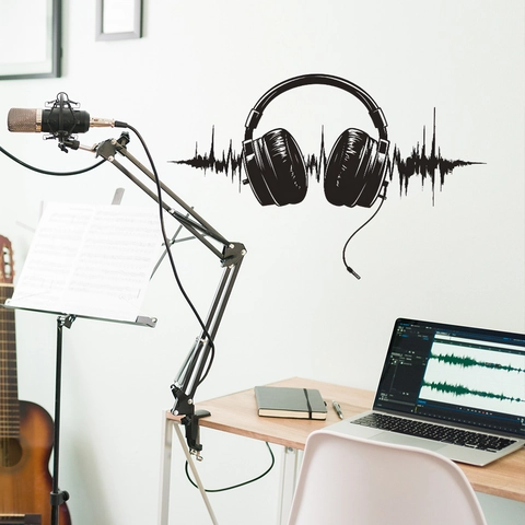 Creative Headphones Soundwave Wall Sticker Modern PVC Music Art Decal For Studio Living Room Bedroom Background Home Decor