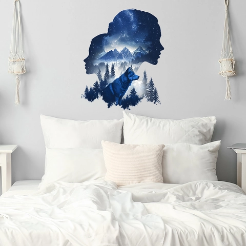 Moderne PVC Wandtattoo Traumhaft Doppelporträt Silhouette Sternenhimmel Berg Wald Wolf Grafik Muster Dekoratives Wandaufkleber Wandbild Abnehmbare Aufkleber Für Schlafzimmer Wohnzimmer Wohnkultur