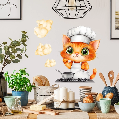 Cartoon Chef Cat Wall Sticker Waterproof PVC Decorative Decal For Kitchen Dining Room Restaurant Backgound Wall Decor