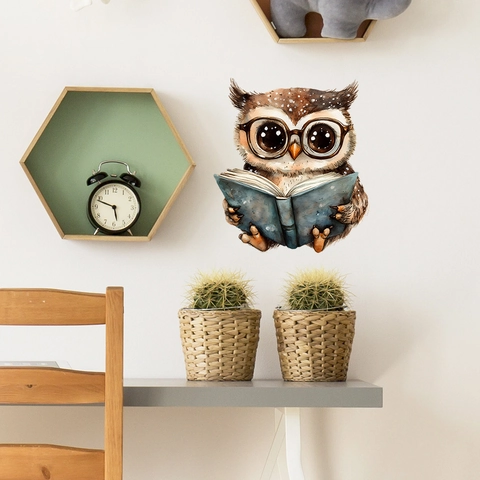 Adesivo da Parete Gufo Cartone Animato Che Legge Libro Stile Acquerello PVC Rimovibile per Camera Bambini Studio Casa