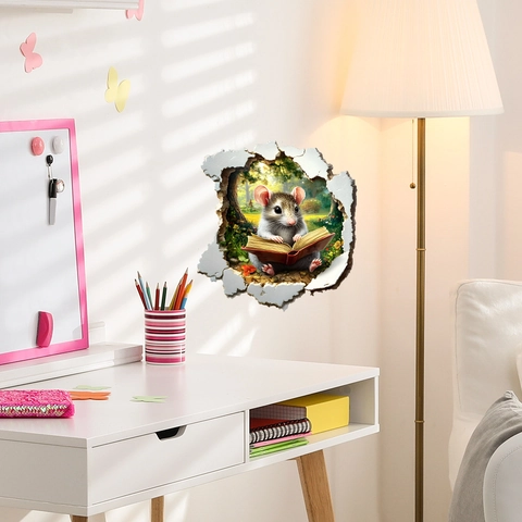 3D Visual Reading Mouse Creative Broken Hole Wall Sticker PVC Waterproof Cartoon Animal Decal For Bedroom Door Home Decor