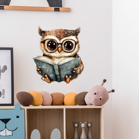 Adesivo da Parete Gufo Cartone Animato Che Legge Libro Stile Acquerello PVC Rimovibile per Camera Bambini Studio Casa