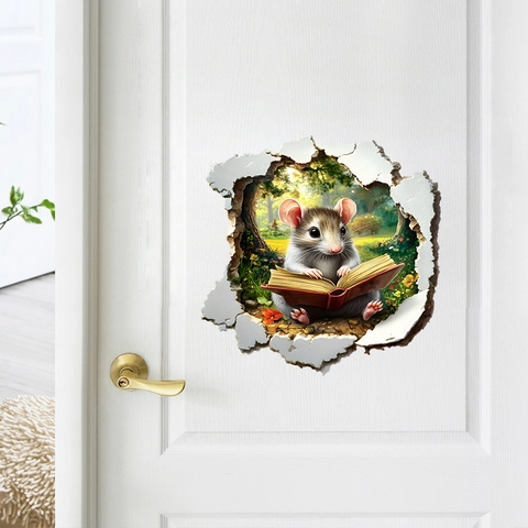 3D Visual Reading Mouse Creative Broken Hole Wall Sticker PVC Waterproof Cartoon Animal Decal For Bedroom Door Home Decor