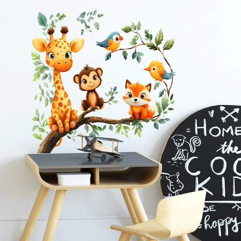 Cartoon Animal Tree Branch Wall Stickers Giraffe Monkey Fox Birds PVC DIY Decals For Kids Nursery Room Home Wall Decor