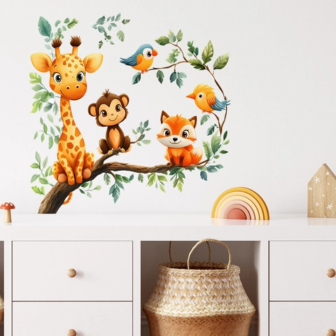 Cartoon Animal Tree Branch Wall Stickers Giraffe Monkey Fox Birds PVC DIY Decals For Kids Nursery Room Home Wall Decor