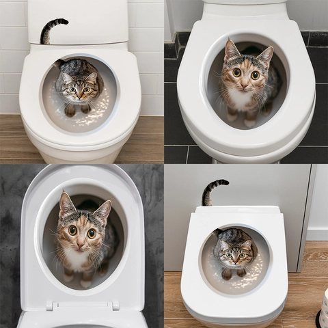 3D Cartoon Schattige Kat Toiletsticker Waterdicht PVC Verwijderbare Dierlijke Muursticker Voor Badkamer Huisdecoratie Stickers