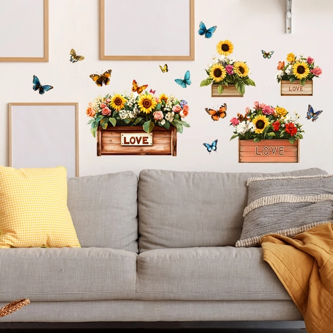 Sonnenblume Schmetterling Blumenkorb LOVE Wandtattoo Pastorale PVC Aufkleber Home Decor Für Wohnzimmer Schlafzimmer
