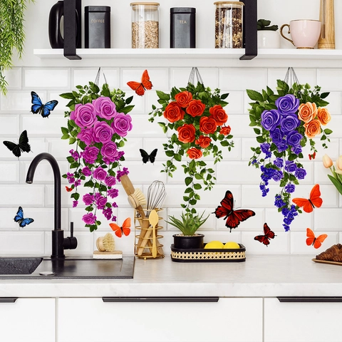 Wasserdicht PVC Bunt Rose Blumenkorb Schmetterling Wandaufkleber Für Wohnzimmer Schlafzimmer Hintergrund Haus Deko Aufkleber