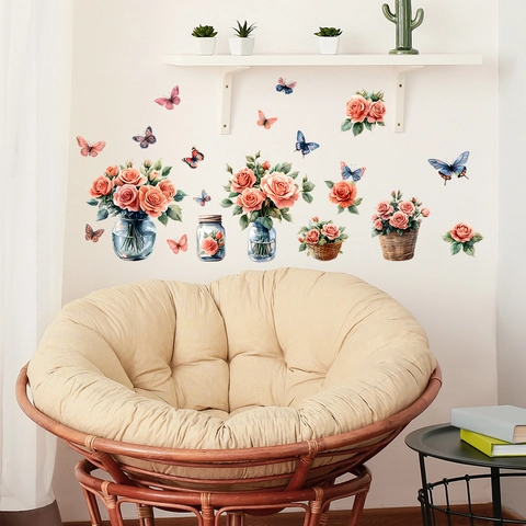 Adesivi Murali con Rose Rosa ad Acquerello e Farfalle Impermeabile PVC Removibile Autoadesivo Decalcomanie Murali per Soggiorno Camera da Letto