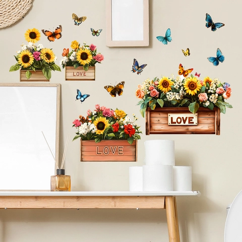 Sonnenblume Schmetterling Blumenkorb LOVE Wandtattoo Pastorale PVC Aufkleber Home Decor Für Wohnzimmer Schlafzimmer