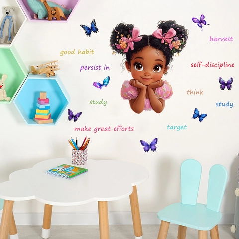 Cartoon Girl Inspirational Quotes Wall Stickers PVC Butterfly Decals For Kids Room Bedroom Study Room Wall Decor