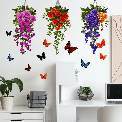 Wasserdicht PVC Bunt Rose Blumenkorb Schmetterling Wandaufkleber Für Wohnzimmer Schlafzimmer Hintergrund Haus Deko Aufkleber