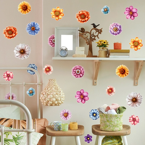 Calcomanías de Pared de Flores en Acuarela Pegatinas de Pared de Flores Coloridas Para Dormitorio Sala Armario PVC Arte