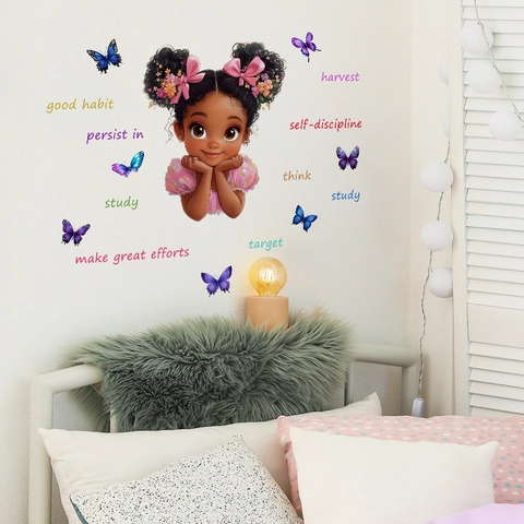 Cartoon Girl Inspirational Quotes Wall Stickers PVC Butterfly Decals For Kids Room Bedroom Study Room Wall Decor