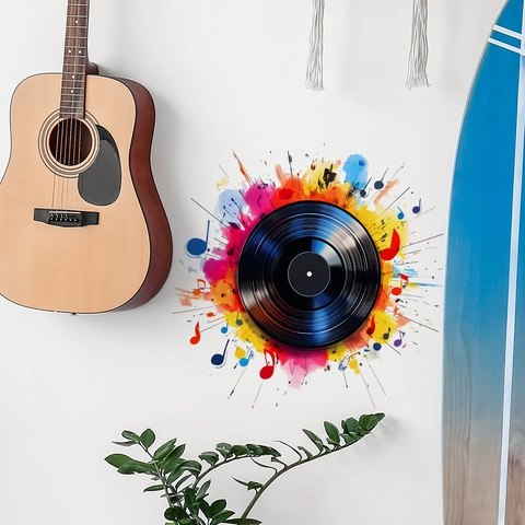 Autocollant Mural Créatif Disque Vinyle Musique Éclaboussures Aquarelle Colorées Notes PVC Mural Auto-Adhésif Pour Salon