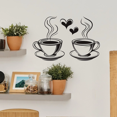 Adesivi Murali Minimalisti Tazza Caffè Cuore Per Cucina Bar Decoro PVC Autoadesivo Removibile Fai Da Te Murale Casa