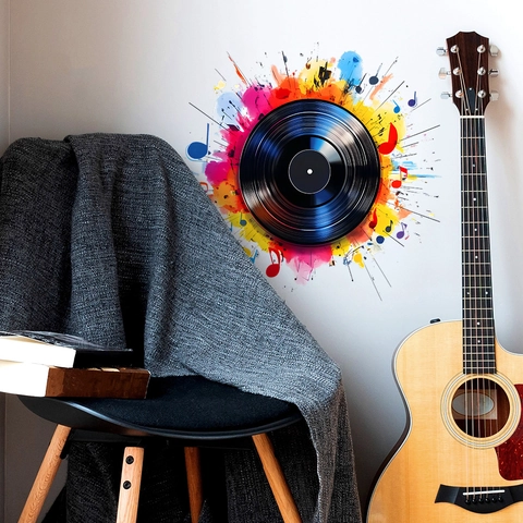 Autocollant Mural Créatif Disque Vinyle Musique Éclaboussures Aquarelle Colorées Notes PVC Mural Auto-Adhésif Pour Salon