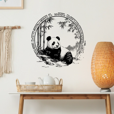 Chinese Ink Wash Panda Bamboo Wall Sticker PVC Removable Circular Border Decorative Wall Decal For Living Room Home Decor