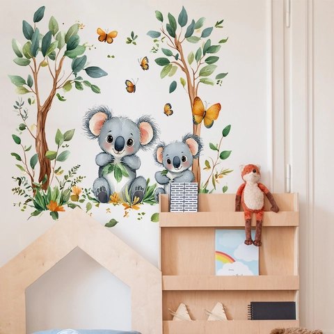 Watercolor Koala Tree Butterfly Wall Stickers Cartoon Green Leaf PVC Wall Decals For Kids Bedroom Nursery Home Decoration
