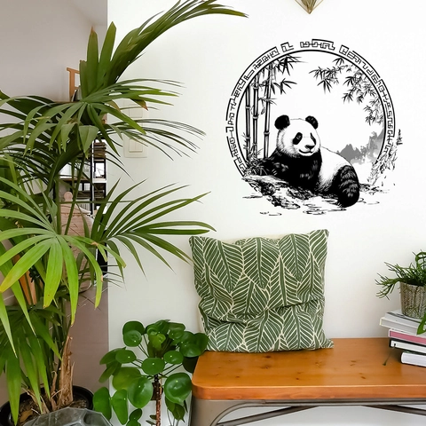 Chinese Ink Wash Panda Bamboo Wall Sticker PVC Removable Circular Border Decorative Wall Decal For Living Room Home Decor