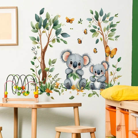 Watercolor Koala Tree Butterfly Wall Stickers Cartoon Green Leaf PVC Wall Decals For Kids Bedroom Nursery Home Decoration