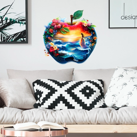 3D Art Apple Shape Wall Sticker PVC Undersea World Sunset Floral Pattern Self Adhesive Decal For Living Room Home Decor