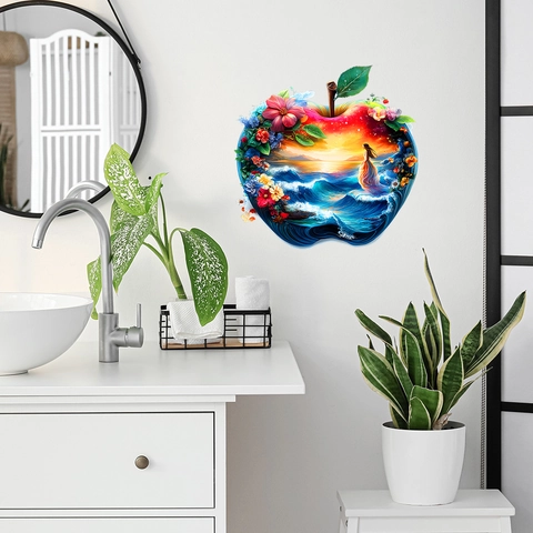 3D Art Apple Shape Wall Sticker PVC Undersea World Sunset Floral Pattern Self Adhesive Decal For Living Room Home Decor