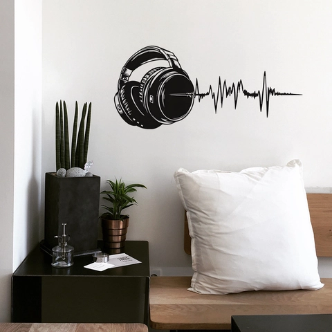 Adesivo da Parete Cuffie Onda Sonora Minimalista Moderno PVC Nero Tema Musicale Decalcomania per Camera da Letto Studio Decor