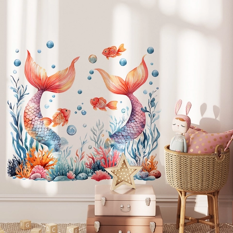 Aquarel Zeemeermin Muurstickers Voor Kinderkamer Oceaan Koraal Zeewier Marien Leven PVC Muurstickers Decoratie