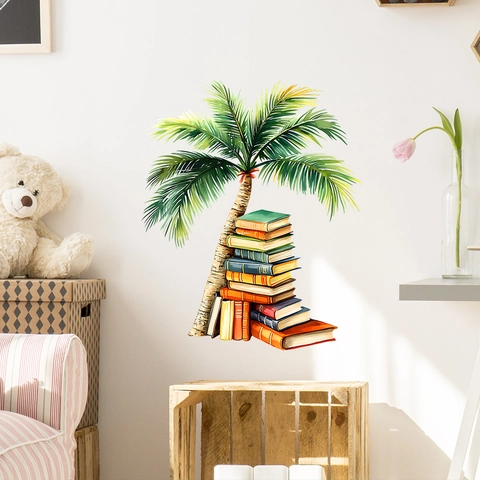 Pegatina De Pared Creativa De Acuarela De Cocotero Y Libros De PVC Removible Decoración Del Hogar Para Dormitorio Estudio Sala De Estar