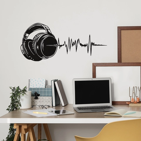 Adesivo da Parete Cuffie Onda Sonora Minimalista Moderno PVC Nero Tema Musicale Decalcomania per Camera da Letto Studio Decor