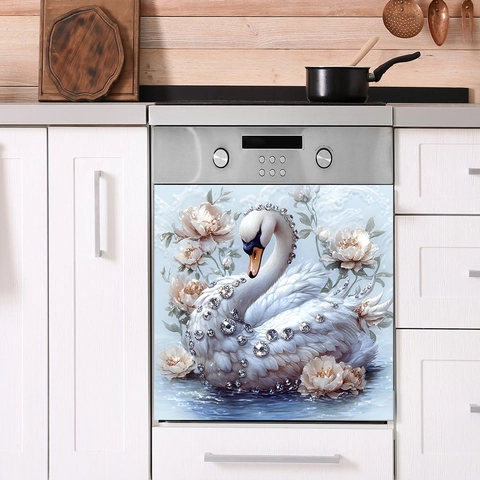 Elegante Adesivo per Elettrodomestici da Cucina con Cigno e Fiori PVC Impermeabile per Forno e Lavastoviglie Decorazione