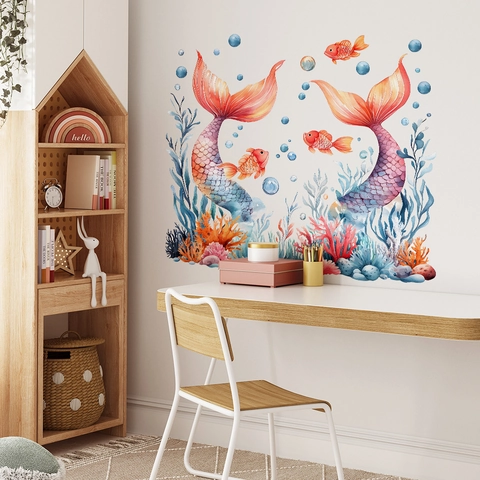Aquarel Zeemeermin Muurstickers Voor Kinderkamer Oceaan Koraal Zeewier Marien Leven PVC Muurstickers Decoratie