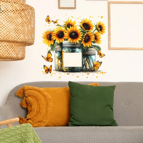Adesivo da Parete Barattolo di Vetro con Girasoli Acquerello PVC Farfalla Decalcomanie Floreali per Soggiorno Camera da Letto
