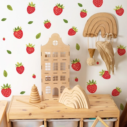 Cartoon Strawberry Leaf Wall Stickers PVC Decorative DIY Fruit Decals For Nursery Bedroom Living Room Home Decoration