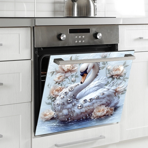 Elegante Adesivo per Elettrodomestici da Cucina con Cigno e Fiori PVC Impermeabile per Forno e Lavastoviglie Decorazione