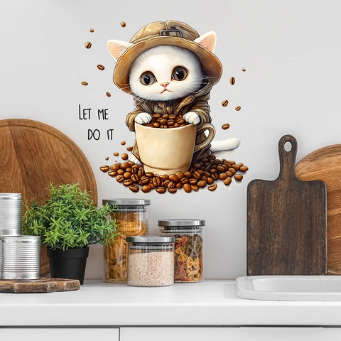 Cartoon Cat Coffee Mug Wall Sticker For Kitchen Restaurant Decoration Coffee Beans Pattern Creative Home Background Decal