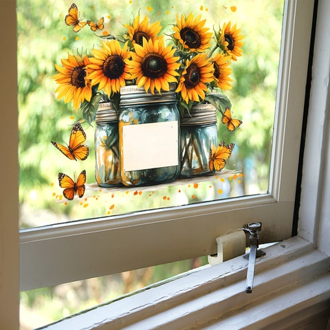 Adesivo da Parete Barattolo di Vetro con Girasoli Acquerello PVC Farfalla Decalcomanie Floreali per Soggiorno Camera da Letto