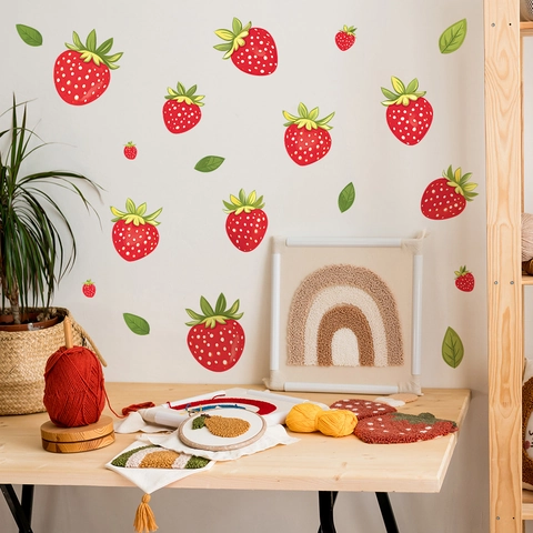 Cartoon Strawberry Leaf Wall Stickers PVC Decorative DIY Fruit Decals For Nursery Bedroom Living Room Home Decoration