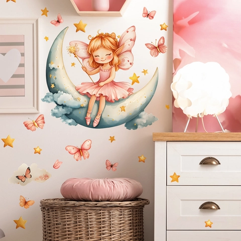 Cartoon Fairy Sitting On Moon Wall Stickers Watercolor Moon Stars Butterfly Decorative PVC Self Adhesive Wall Decal For Kids Bedroom
