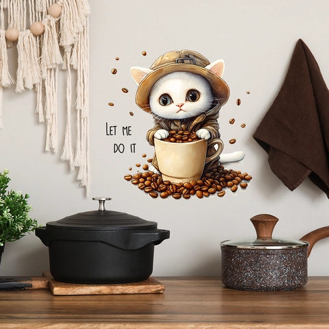 Cartoon Cat Coffee Mug Wall Sticker For Kitchen Restaurant Decoration Coffee Beans Pattern Creative Home Background Decal