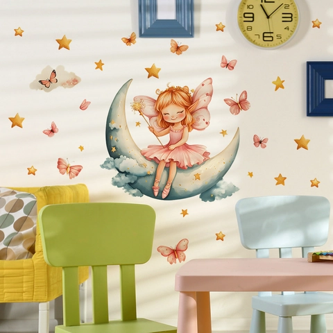 Cartoon Fairy Sitting On Moon Wall Stickers Watercolor Moon Stars Butterfly Decorative PVC Self Adhesive Wall Decal For Kids Bedroom